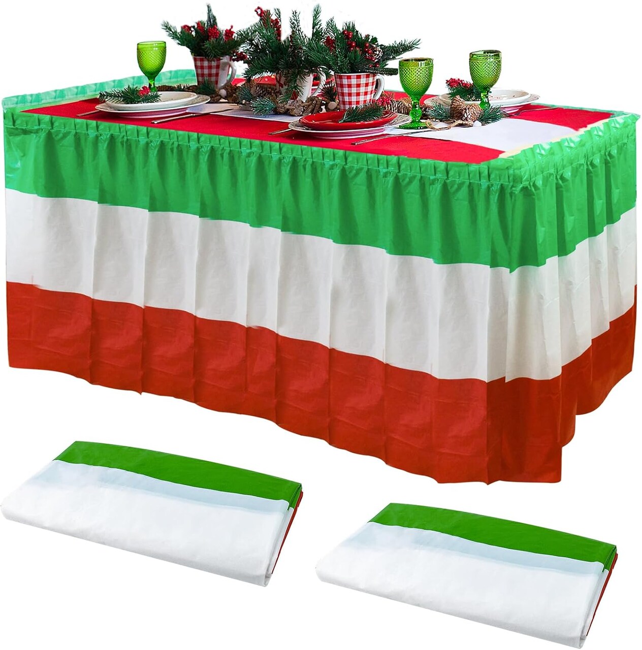 2 Pack Christmas Table Skirts Xmas Table Skirts Red White and Green Table Skirts for Rectangle Table Disposable Table Skirts for Christmas Birthday Table Skirt Party Decorations 2.4 x14 Ft